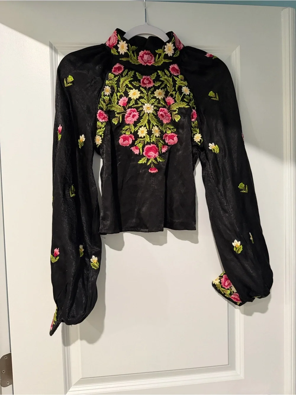 Free People Black Floral Embroidered High-Neck Crop Blouse